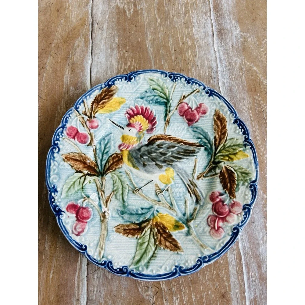 Antique Majolica Plate with Bird of Paradise c.1890's-1900